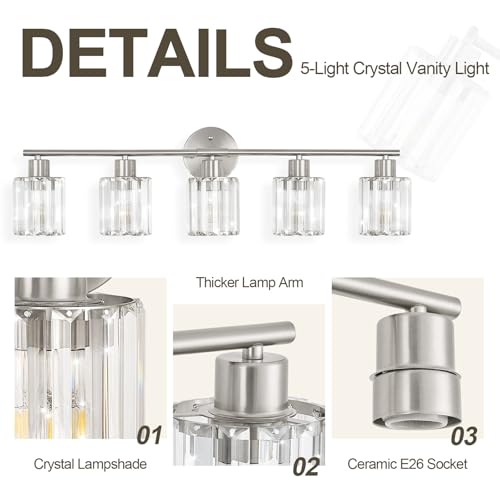 Image of Modern Brushed Nickel Crystal Bathroom Light Fixtures,5-Light | Bathroom Lighting Fixtures over Mirror,Vanity Lights for Mirror, Restroom(Ceramic E26 Socket,Bulbs Not Include)