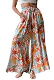 YOCUR Summer Beach Vacation Pants High Waisted Wide Leg Pants for Women Printed Loose Flowy Palazzo Lounge Trousers Orange S
