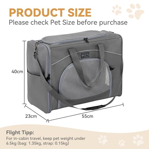 Petsfit Hundetasche Flugzeug 55x40x23 & Flugtasche Hund | Transportbox Katze | Transporttasche Hund Katzen | Sicherer Transport in Auto, Flugzeug und Bahn,mit 2 Platzierung-Methode, L//Grau