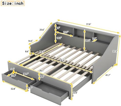 Harper & Bright Designs Twin to King Size Extendable Daybed with 2 Drawers and Storage Bookcases, Wooden Twin Daybed Frame with USB Charging, Grey