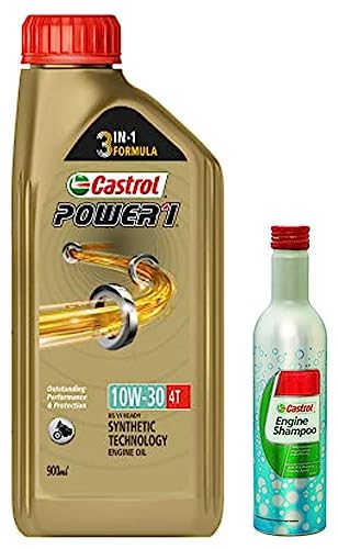 Image of Castrol Power1 10W-30 4T Synthetic Engine Oil For Bikes 900Ml & Engine Shampoo Pre Oil Change Treatment (Flushing Oil) For Petrol 300 Ml, Cng And Diesel Cars (3418104)