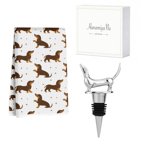 Image of Hanamiya Na Dachshund Kitchen Towels with Wine Bottle Stopper 24x14 Inch, Dachshund Gifts Reusable Dish Towels for Kitchen Bars Decor, Wine Gift Weiner Dog Gifts for Women Men Christmas Birthday Gift