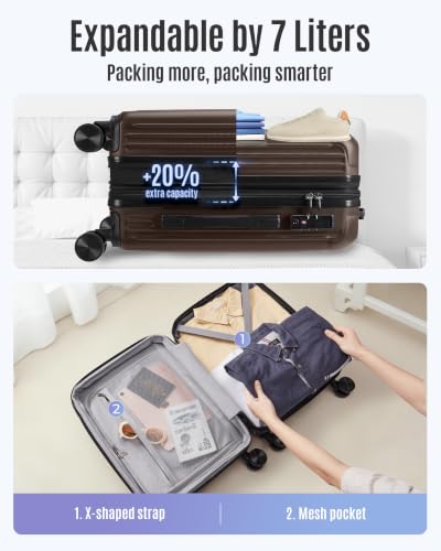 Image of LIGHT FLIGHT Carry On Luggage 22x14x9 Airline Approved, Coffee Brown | Airline Approved, Hard Shell with Wheels, Expandable Hardside, Lightweight, TSA Lock