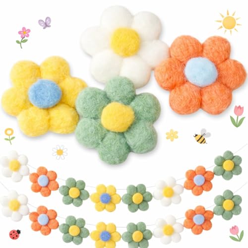 Teyva Daily 60 Pcs Spring 3D Felt Flower Pompom Craft 2.36 Inch Daisy Sunflower Floral Colorful Plush Ornament for Spring Party Supplies Birthday Boho Home Mantel Wall Window Decor Holiday Art (Bold)