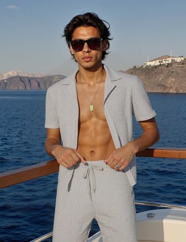 UOUA 2 Piece Short Sets for Men Summer Beach Outfits Stripe Texture Button Down Shirts & Shorts Casual Vacation Set3