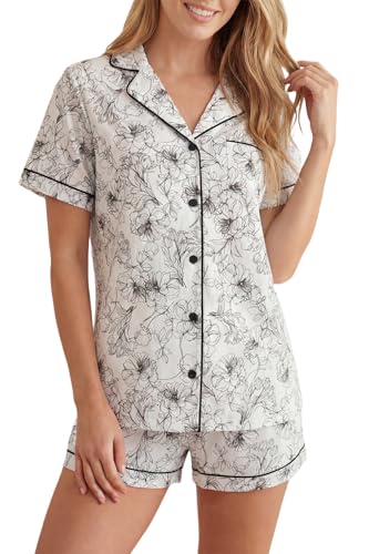 Image of LUBOT 100% Cotton Pajamas for Women 2 Piece PJ Set Poplin Woven Lightweight Ladies Button Short Sleeve Sleepwear S-XXL