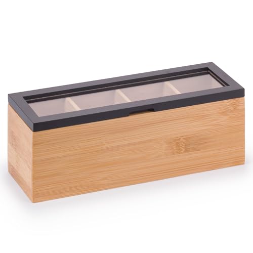 Woodluv Tea Storage Organizer with 4 Compartments, Premium Multi Purpose Display Case, Storage for Assorted Teas, Lidded Countertop Holder, Stylish Chai Container with Lid for Kitchen - Black