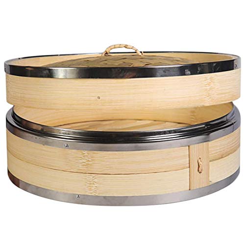 Cuasting Kitchen Bamboo Steamer con doble banda de acero para cocina asiática bollos albóndigas vegetales arroz pescado