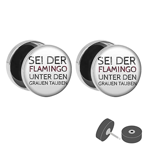 Treuheld® Fake Plug Sei der Flamingo - witziger Spruch Ohrstecker - für Frauen und Männer 1 Paar (2 Stück)