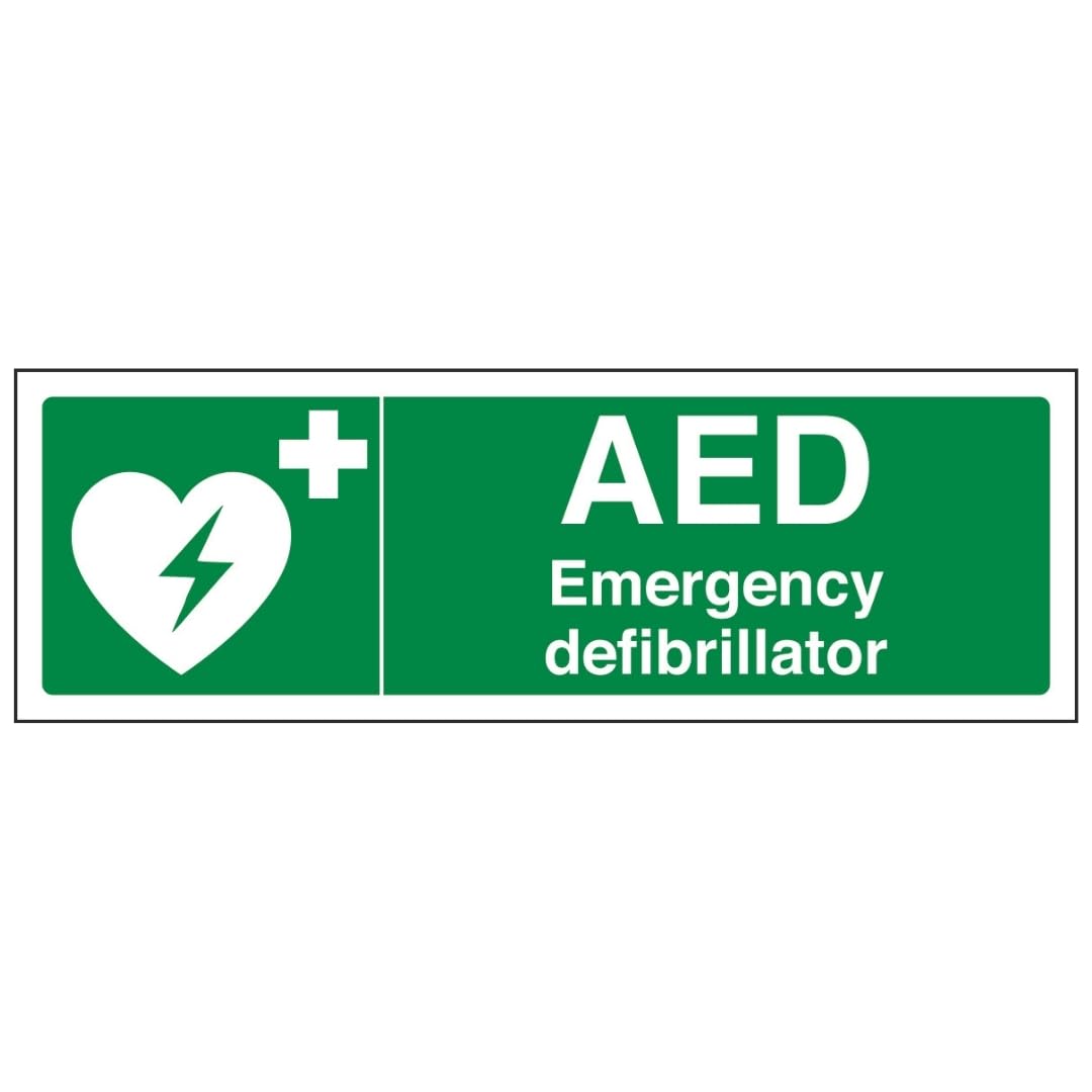 V Safety AED Emergency Defibrillator - Landscape 300 x 100 mm - Self Adhesive Vinyl - Aluminium Effect Safety Sign