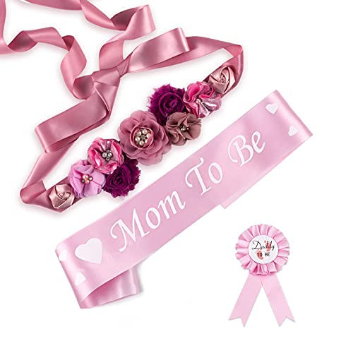 Handmade Floral Pearl Maternity Sash for Mom to Be - Luxury 3D Crystal Pregnancy Sash, Baby Shower Photo Props, Gender Reveal & New Mom Belly Band Keepsake Gift(Lavender Pink)