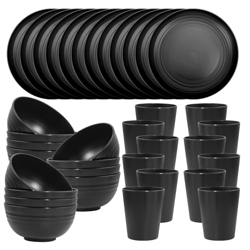 LIYH 36pcs Black Wheat Straw Dinnerware set of 12,Plates and Bowls Set,Plastic Plates Reusable,Black Dishwasher and Microwave Safe,Unbreakable Dinnerware,Black Plates,Camping Plates (Black)