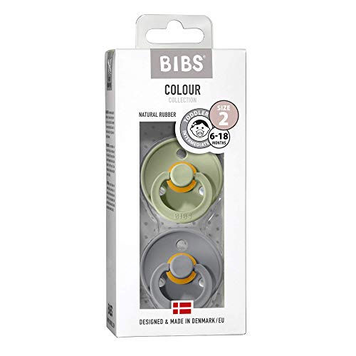 Image of BIBS Pacifiers Colour Collection | Natural Rubber Baby Pacifier | Round Nipple | Set of 2 BPA-Free Soothers | Made in Denmark | 6+ Months (Pack of 2) | Sage /Cloud