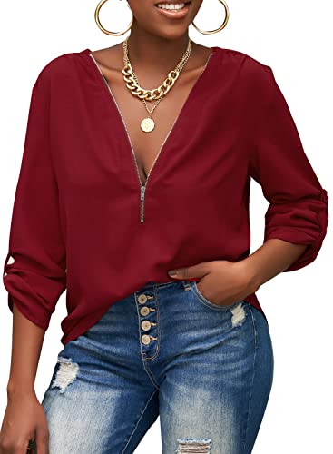 ZKESS Womens Casual Long Sleeve V Neck Cuffed Pleated Zip Up Chiffon Blouse Shirts Red Small Size