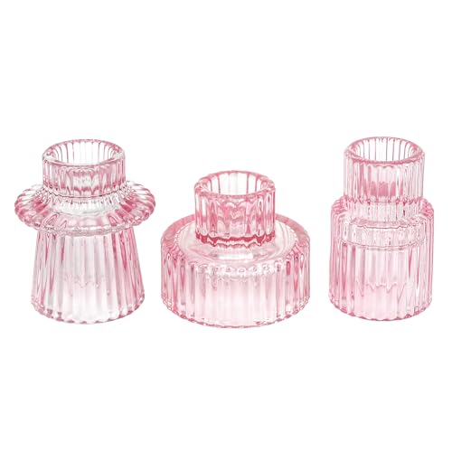 3 Piece Glass Candle Holder, Pink Vintage Candlestick Holders For Decor/Weddings And Candle Stick Holders For Pillar Candles And Tapered Candles By Snapplent