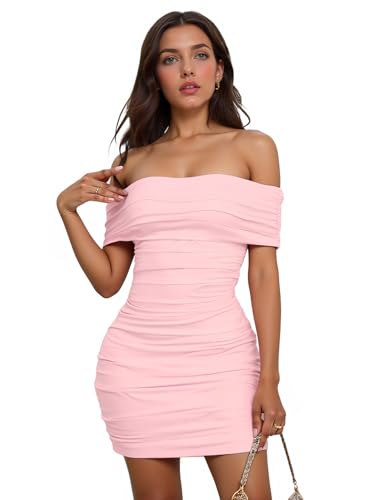 Image of Womens Off Shoulder Sleeveless Bodycon Dresses Ruched Solid Sexy Graduation Cocktail Party Mini Dresses