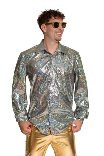 Partychimp Chemise Disco Homme Années 70 Vêtement Homme Chemise Disco Métallique Brillante Shiny Manches Longues Tenue de Carnaval Costume Disco Tailles S...