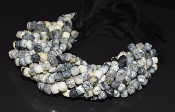 Perles cube opale dendritique 6 mm pierre blanche et noire naturelle facettée pour création bijou