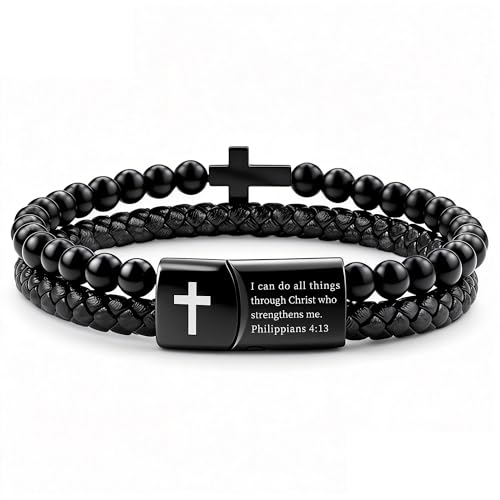 Hengbofeng Mens Cross Bracelet, Black Braided Leather Cuff with Stainless Steel Cross & Onyx Bead - 7.5-9 Inch Fit for Dad, Brother, Son - Bible Verse Christian Religious Gift for Men