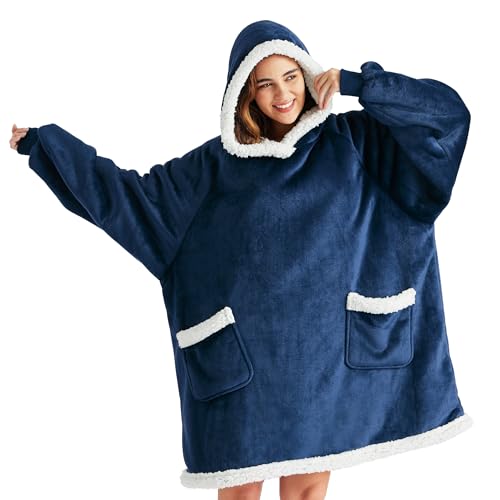 Bedsure Blanket Hoodie, Wearable Blanket for Adults & Kids as Gifts for Women Men, Birthday Gifts for Women Mom Girl Sherpa Oversized Hoodie, Navy, Small