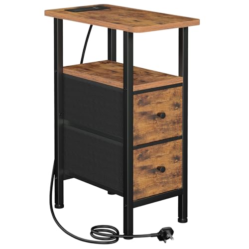 AMHANCIBLE Slim Bedside Table with Charging Station, Narrow Side Table with 2 Fabric Drawers, Small End Table with Open Storage Shelf, Nightstand for Small Spaces, Living Room, Brown HETNDP02BR-1