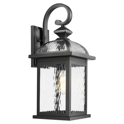 Image of Darkaway Outdoor Lights Fixture Wall Mount, Large 22inch Exterior Wall Light with Water Ripple Glass Waterproof Black Outside Wall Sconce for House Porch Hallway Garage