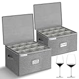 punemi Wine Glass Storage Box, Glassware Storage Containers w/Hard Shell Side Bottom Support & Padded Dividers, Stackable Stemware Storage Case for 24 China Crystal Glasses Drinkware, Moving Supplies
