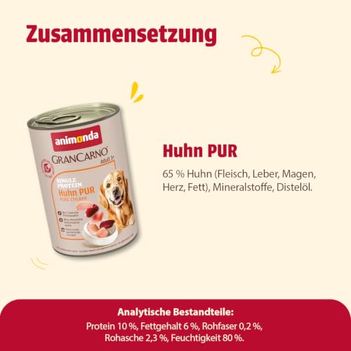animonda GranCarno Hunde Nassfutter Single Protein Huhn pur (6x400g), getreidefreies Hundenassfutter ohne Zucker, für ausgewachsene Hunde, mit frischem Hühnerfleisch und Innereien