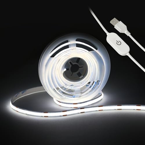 UVTaoYuan Led Strip Lights 5V USB 6.56ft/2m 640 LEDs Touch stepless Dimmable USB COB LED Strip Light 6000K White 10W Flexible 5v led Lights for Bedroom Kitchen,DIY Lighting Room Decor tv led Lights