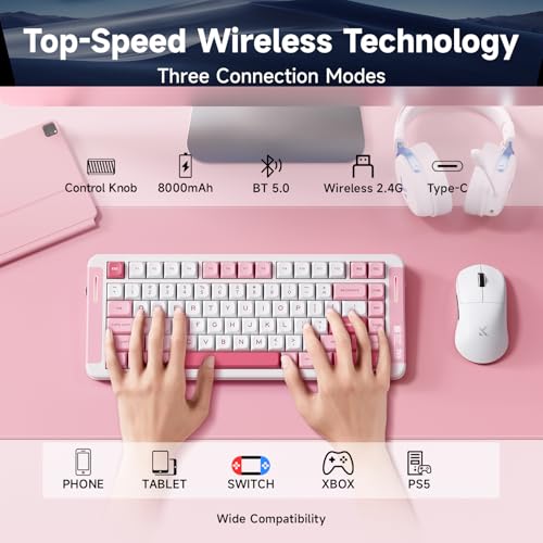 Image of MCHOSE X75 V2 Wireless Mechanical Keyboard Volume Knob, Tri-Mode BT5.0 /2.4GHz /USB-C Hot Swappable Custom Keyboards, Linear Switch Creamy Keyboards, RGB Gaming Keyboard for PC /Tablet /PS /Xbox, Pink
