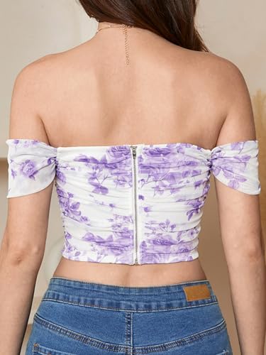 Image of Floerns Women's Off Shoulder Short Sleeve Asymmetrical Hem Ruched Corset Crop Top