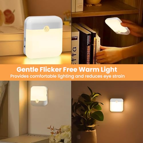 Image of ELEPHANTBOAT 2Pcs Smart Night Lights with Motion Sensor, 0.5W Warm Light Small LED Wall Lamp, Built in Magnet, 600mAh USB C Rechargeable Wall Lamp for Nursery Room, Kids Room, Bed Room, 78x78mm