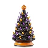 Casafield Hand-Painted Ceramic Halloween Tree, Black 12-Inch Pre-Lit Decoration with 100 Multi-Color Lights, Jack-O-Lantern and Star Toppers