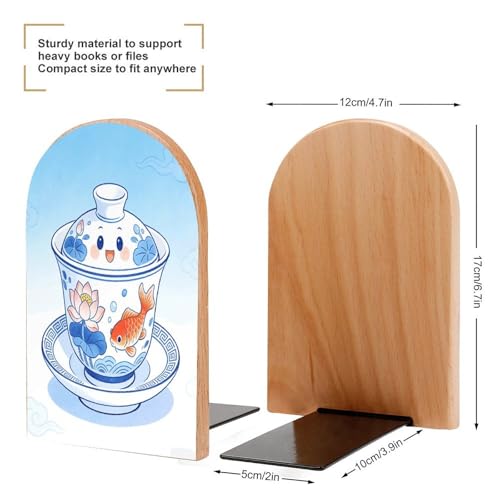 Sujetalibros de porcelana azul y blanca elegante de madera con base de metal para estanterías 3