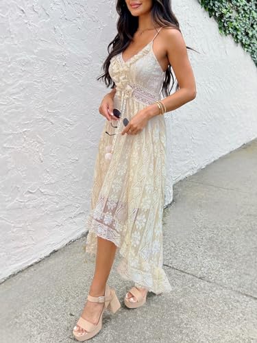 Image of CUPSHE Womens Lace Summer Maxi Dresses 2026 Beach Wear | V Neck Spaghetti Straps Sundress, Tassel, Boho Pom Poms, Flowy Vacation Outfits, Resort Wear, Graduation Wedding Guest Looks