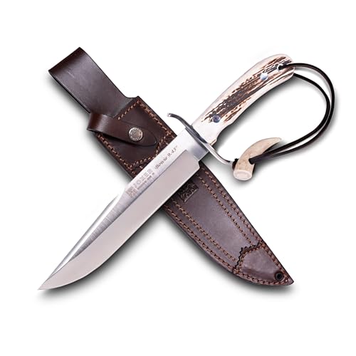 Joker Bowie Hunting Knife CC139 Handmade in Spain 9.45 Bhler N695 Full Tang Stainless Steel Blade Deer Antler Handle Brown Leather Sheath Classic Bowie Design for Hunting Camping & Outdoor Use