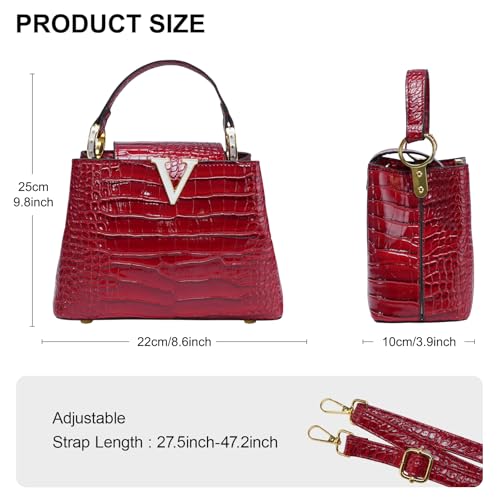 Image of Satchel Bag for Women, Crocodile Leather Purse Top Handle Purse Small Crossbody Handbag Women's Shoulder Tote Bag (Dark Red)