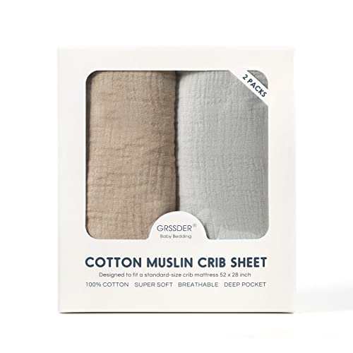 Image of GRSSDER 100% Cotton Muslin Crib Sheet 2 Pack - Breathable & Ultra-Soft Fitted Crib Sheets for Standard Baby & Toddler Mattresses, 52 inchx28 inch with 9 inch Deep Pocket, Snug Fit All-Around Elastic