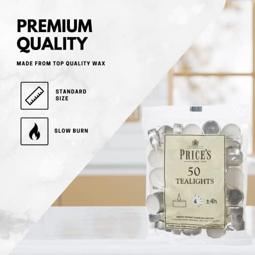 Prices Patent Candles White Tealights Bag, Pack of 50, Wax, l x 3.8cm w x 1.8cm h - View 6