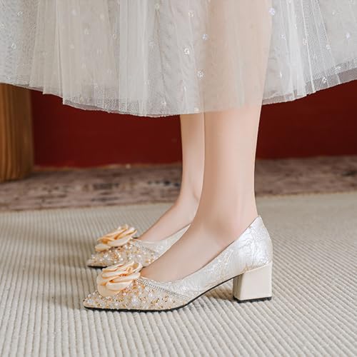 Women's Satin Flowers Rhinestones Chunky Heel Pumps Fashion Grace Slip On Lightweight Mid Block Heel Dress Pumps Shoes for Leisure Wedding Party Prom 6