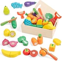 FMSKS Kinderküche Zubehör Spielzeug ab 3 Jahre, Holzspielzeug Kinderküche Spielküche Zubehör mit Klett-Verbindung, 32 Stück Küchenspielzeug Lernspielzeug Rollenspiele Pädagogisches Spielzeug Geschenk
