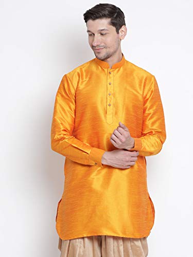 Image of Vastramay Men's Gold Curved Shape Pathani Style Silk Cotton Kurta - Mid-Length with Buttoned Cuff, Soft & Comfortable Ethnic Wear