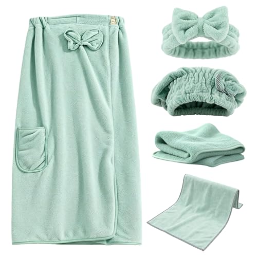 Juego de 5 toallas de sauna para mujer, albornoz de rizo para mujer, 75 x 135 cm, material de fieltro coral, toalla con goma elástica, gorro de secado, toalla y gorro de ducha, para sauna y baño