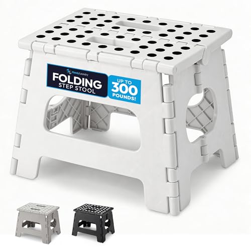 Handy Laundry Folding Lightweight Step Stool - Sturdy Enough to Support Adults - Opens Easy with One Flip - Great for Kitchen Bathroom or Bedroom (White - 8 Inch)