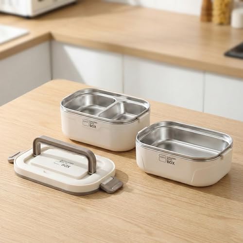 Image of YELONA Stainless Steel Double-Layer Bento Box for Office & School - Leak-Proof Insulated Lunch Container with Hot Water Heating Feature - 1600ML, Cream