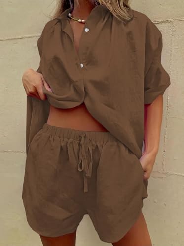 Image of Fixmatti Women 2 Piece Outfits Long Sleeve Button Down Blouse and Shorts Sweatsuit Sets