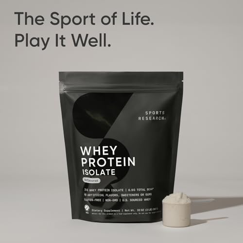Image of Sports Research 100% Whey Protein Isolate Unflavored - U.S. Sourced Protein Powder w /BCAAs - No Artificial Flavors or Gums- Informed Sport Tested . Gluten Free - 2lb Bulk Bag, 25 Servings