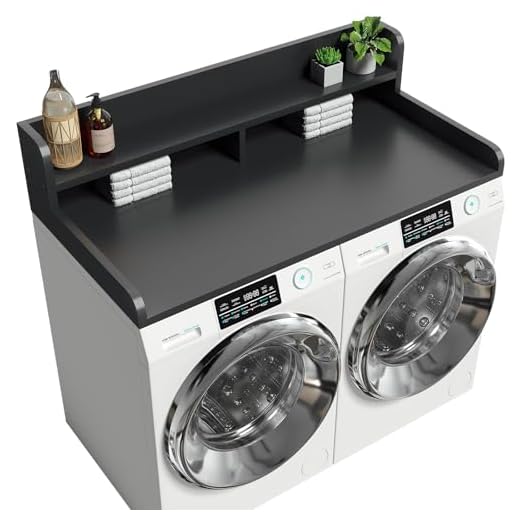 Corbyles 2-Tier Washer Dryer Countertop with 2.75"H Edge Rails, 54" W x 27.55" D Laundry Countertop for Folding Clothes, Washer and Dryer Topper with Non-Slip Pad (Black)
