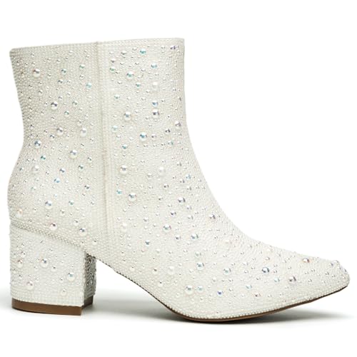 Image of YAYONE Rhinestone Zipper Sparkly Ankle Boots - Glitter Pointed Toe Fashion Comfortable Shoes, Pull on Chunky Heel Western Boots