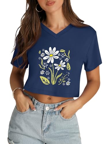 Image of Womens Crop Tops Short Sleeve V Neck Summer Cropped T Shirts Baisc Tees